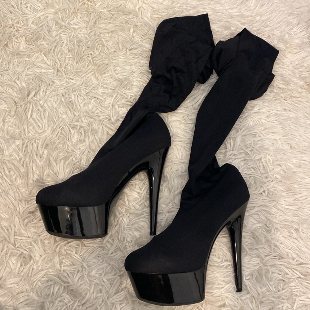 6” Pointed Stilletto Stretch Lycra Thigh Heels (Black)